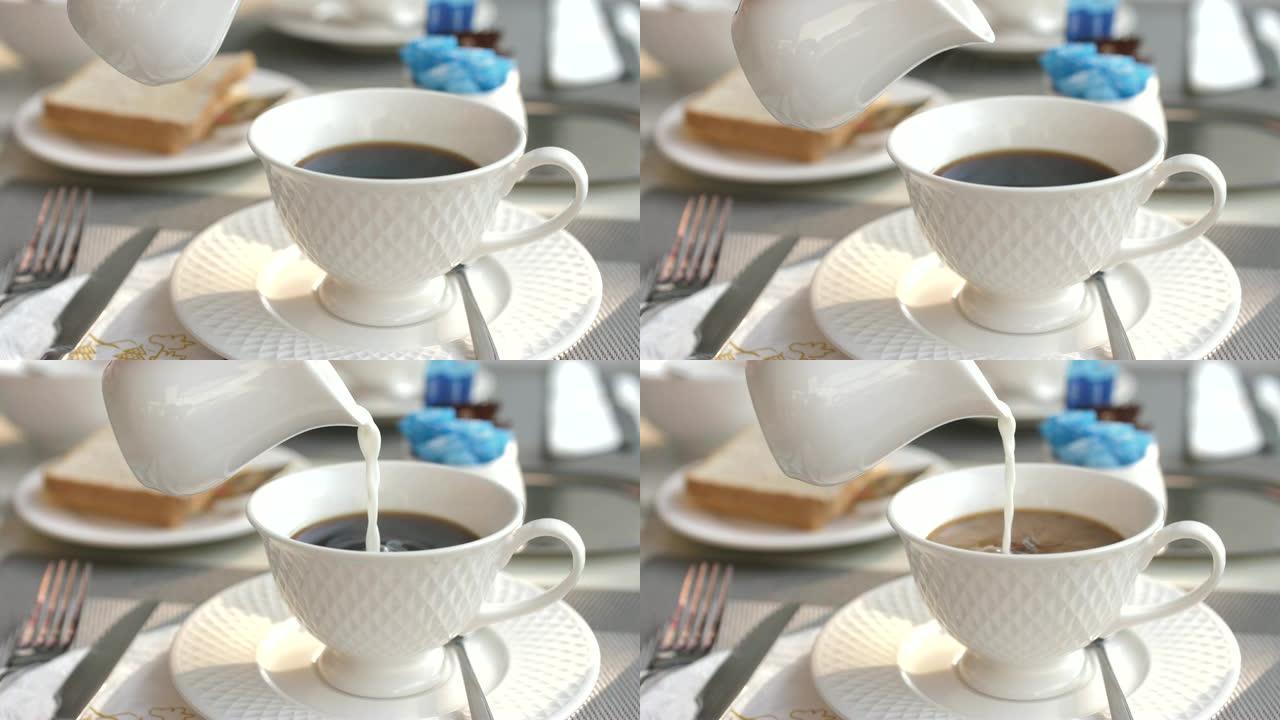 挤奶流入意式浓缩咖啡杯,慢动作