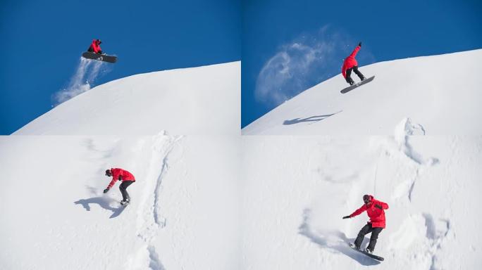 滑雪者在新鲜的雪上跳跃