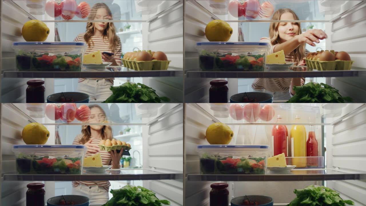 美丽的年轻女子打开装满有机食品的冰箱，在一个纸板可回收的盒子里抓一盒鸡蛋。饮食和健康的生活观念。冰箱
