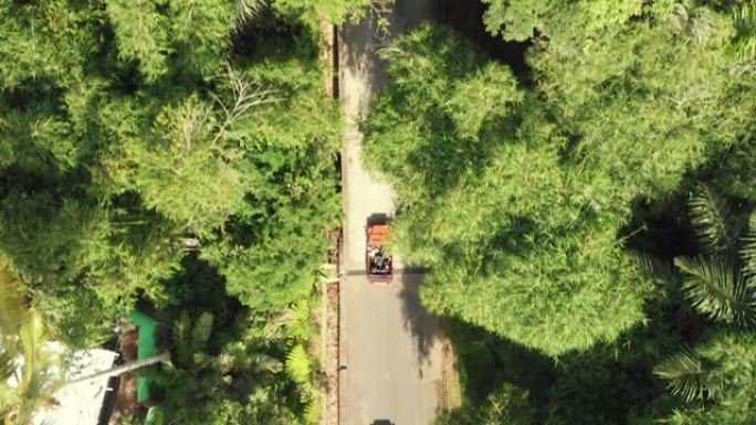 印度尼西亚一条乡间小路上的两辆汽车的俯视图