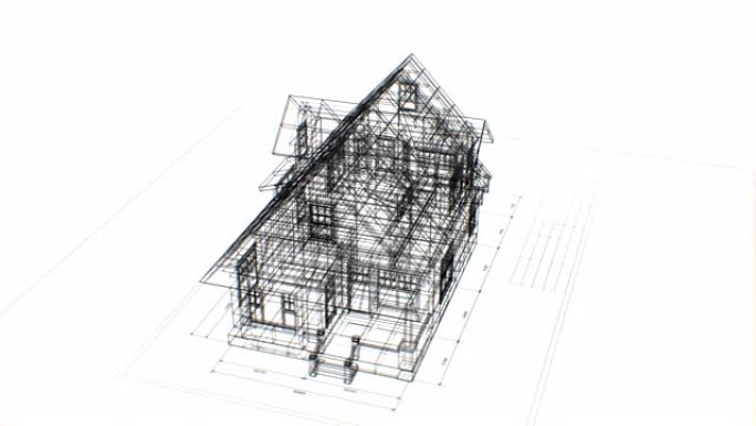 在白色背景上无缝地在工程计划上旋转抽象小屋的3d蓝图。抽象房屋蓝图的循环3d动画。建筑业务理念。