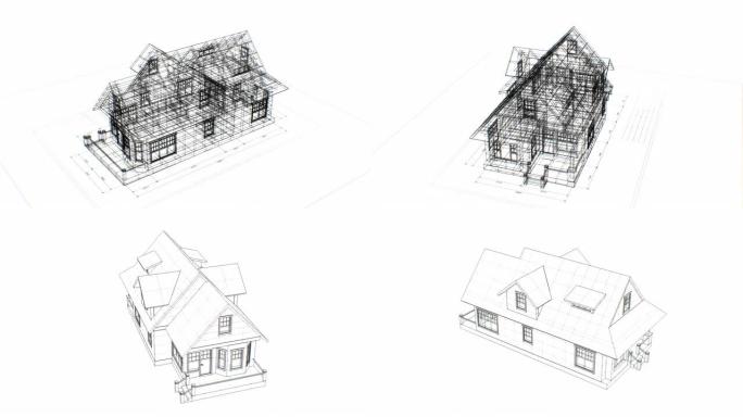 在白色背景上无缝地在工程计划上旋转抽象小屋的3d蓝图。抽象房屋蓝图的循环3d动画。建筑业务理念。
