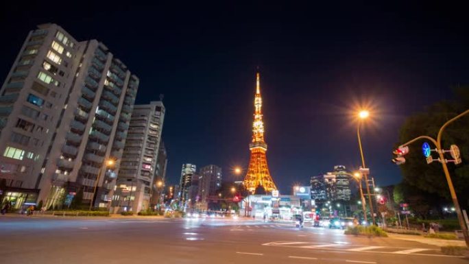 东京东京夜间东京东京塔地标的时间流逝，与汽车灯的交叉路口，日本东京