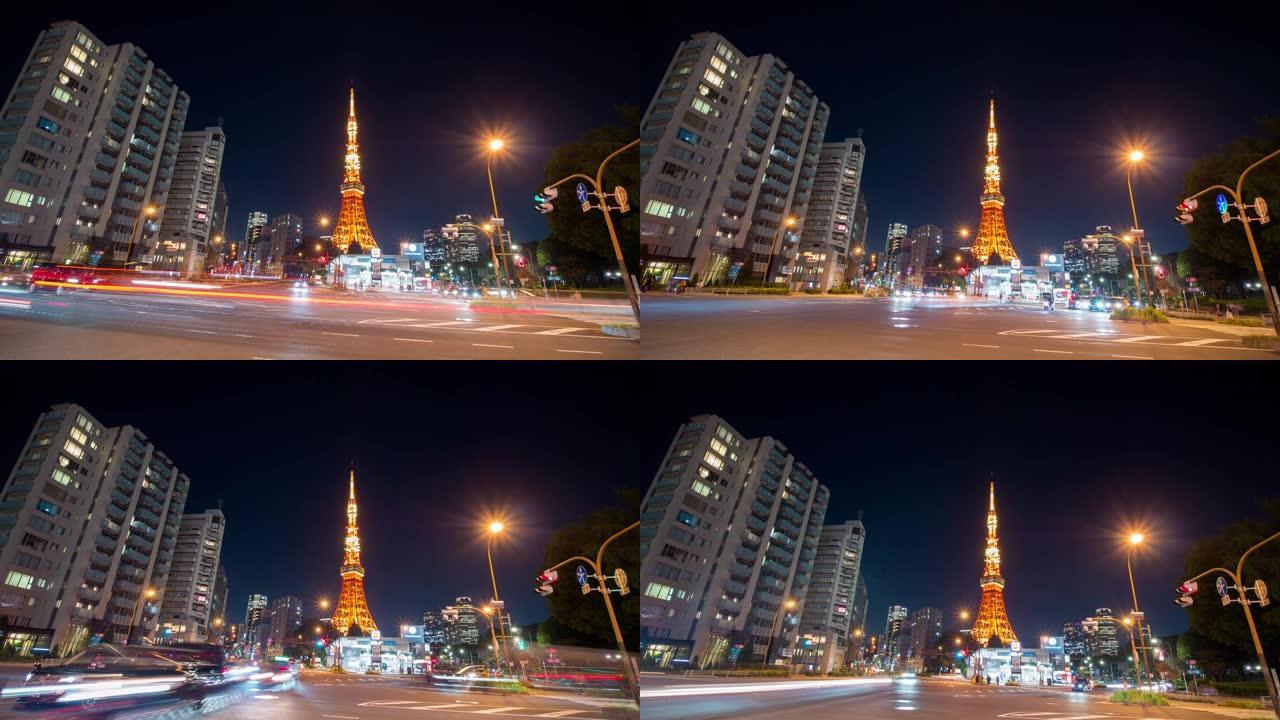 东京东京夜间东京东京塔地标的时间流逝，与汽车灯的交叉路口，日本东京
