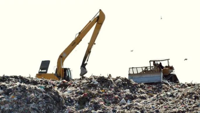 垃圾车在垃圾填埋场移动垃圾，鸟儿在垃圾上盘旋，这是亚洲垃圾填埋场的一个巨大垃圾场。污染，全球变暖，当