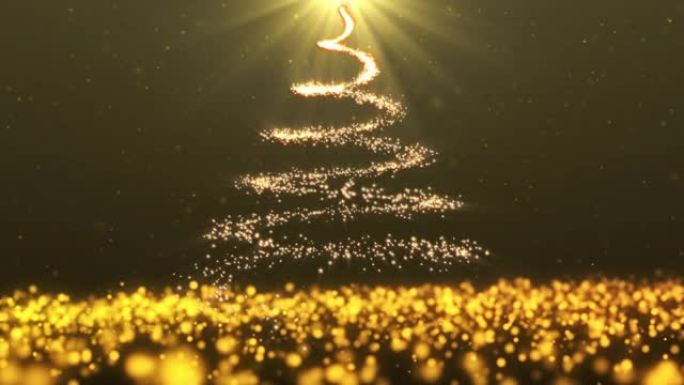 4k分辨率圣诞快乐问候背景，抽象粒子金色圣诞树动画
