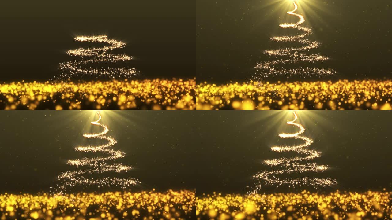 4k分辨率圣诞快乐问候背景，抽象粒子金色圣诞树动画