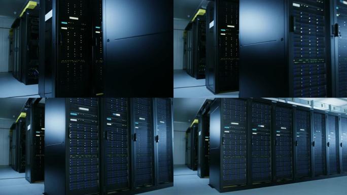 具有多行完全可操作的服务器机架的数据中心移动镜头。现代电信、云计算、人工智能、数据库、超级计算机技术