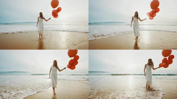 红色气球的幸福女人