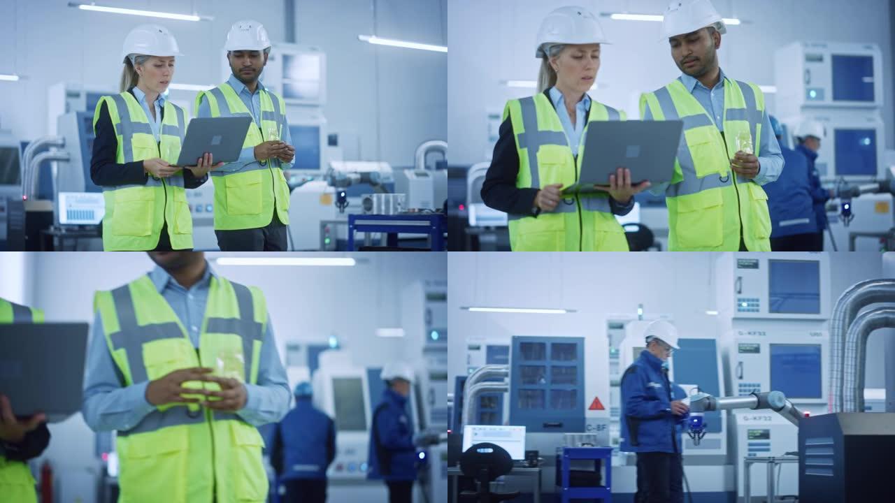 工业设施: 总工程师和项目经理穿着安全背心和安全帽穿过现代工厂，交谈，规划。操作员为生产线编程机械臂