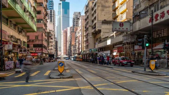 延时: 香港市中心上环西市海鲜干货和补品美食街的行人和运输背景