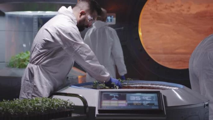 天体生物学家在火星基地种植幼苗