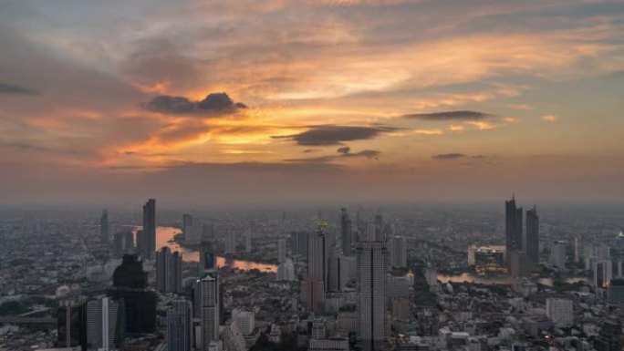 曼谷城市景观河侧的4k时间流逝，日落时间为朝praya河，具有昼夜概念