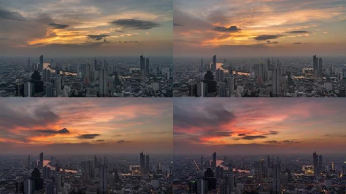 曼谷城市景观河侧的4k时间流逝，日落时间为朝praya河，具有昼夜概念
