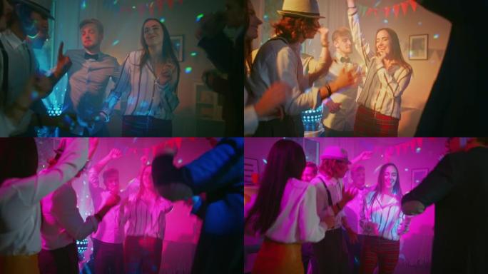 在俱乐部聚会上: 一群不同的朋友玩得开心，跳舞，跳跃，社交和喝酒。时尚的年轻人俱乐部。迪斯科霓虹灯。