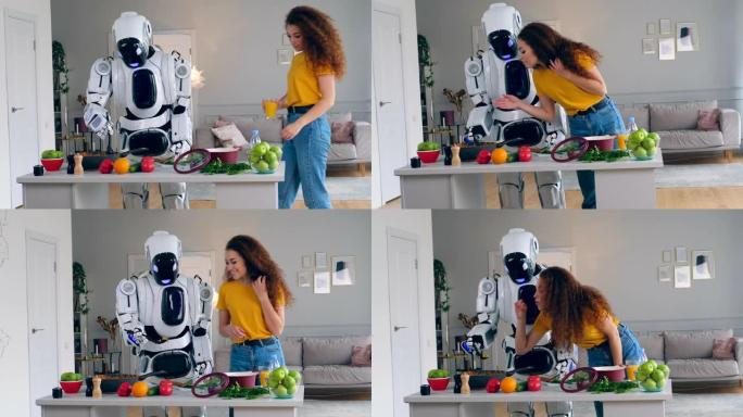 年轻女子正在尝试由机器人烹制的食物