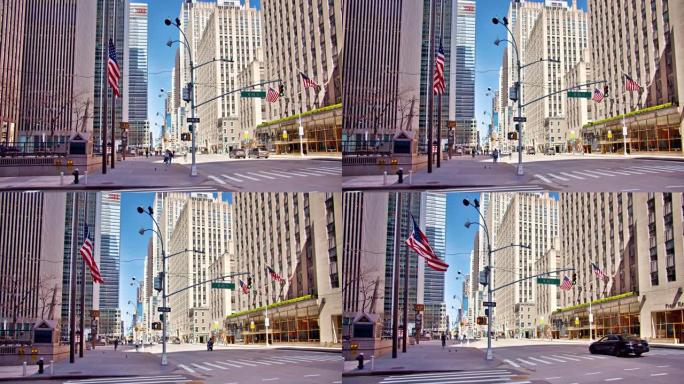 大流行期间清空美国第六大道。公司大楼，美国国旗。