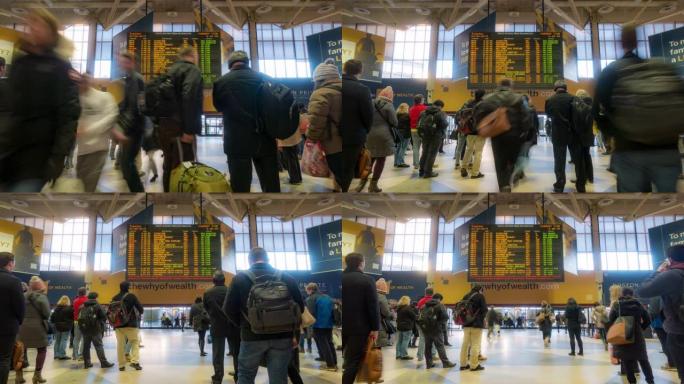 延时拍摄:波士顿通勤铁路火车站出发信息板前的人群