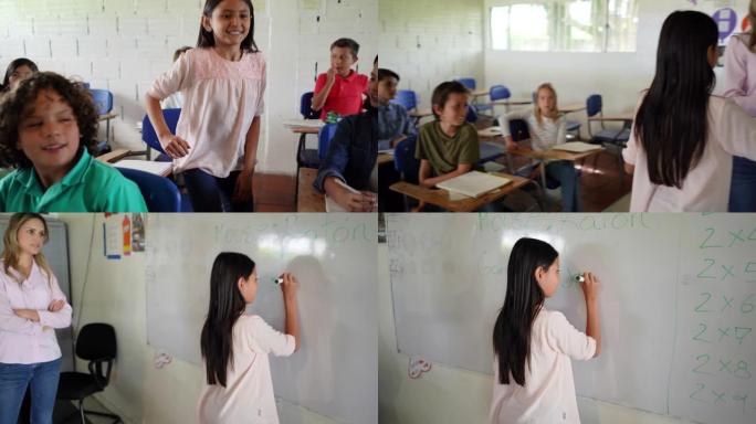 拉丁美洲老师选择急切的学生在课堂上在白板上写答案