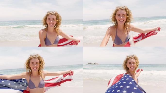 白人妇女的前视图，挥舞着美国国旗在海滩上跳舞4k