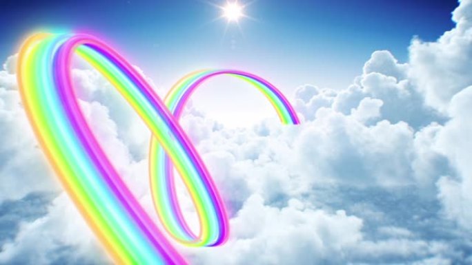美丽的彩虹色小径穿过云层无缝。空中流动的未来派笔画流的循环3d动画。