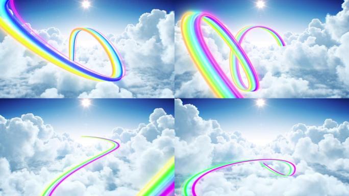 美丽的彩虹色小径穿过云层无缝。空中流动的未来派笔画流的循环3d动画。