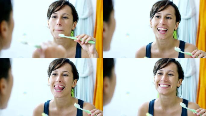 早上，一名年轻女子用牙刷和牙膏刷了我的牙齿后，舌头越过了牙齿以控制清洁，因为它使我们保持清洁。