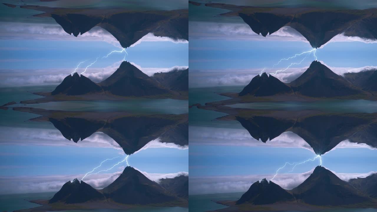 山脉的镜像，山脉之间的闪电