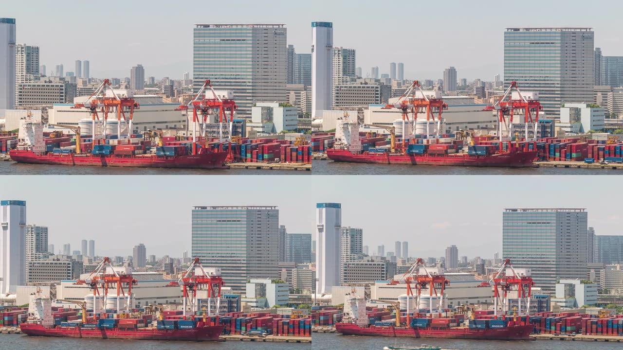 延时: 日本东京湾货船和集装箱的港口工作鸟瞰图
