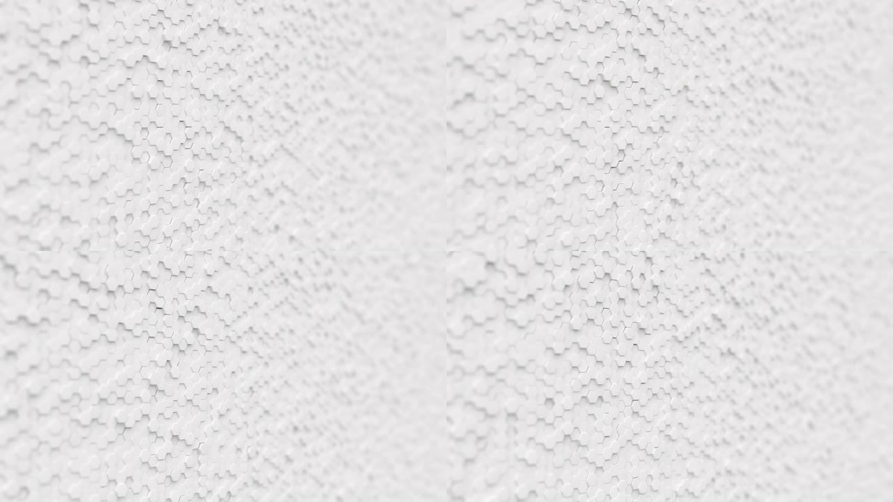 抽象白色简约背景由浅景深的塑料六边形制成。轻最小六边形网格图案动画在现代干净的白色。无缝循环3d渲染