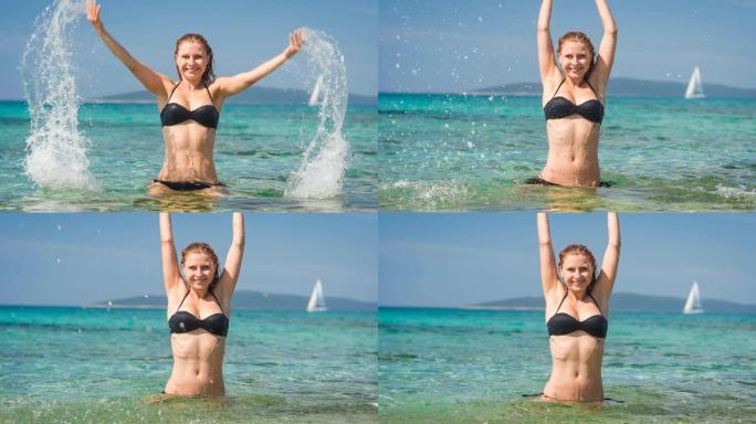 女人在海滩上向空中喷洒海水，背景是帆船