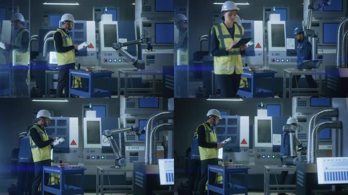 现代化工厂: 专业工程师穿着安全背心和安全帽，使用工业数字平板电脑编程和操纵机器人手臂，优化生产线。