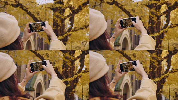 亚洲女性旅行者在日本用智能手机拍摄秋叶照片