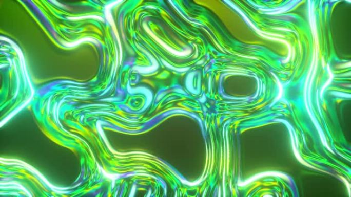 抽象发光3d渲染全息油面背景，箔波浪形表面，波浪和波纹，紫外线现代光，霓虹蓝绿色光谱颜色。无缝循环4