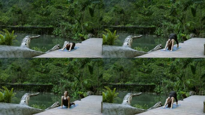 湖岸瑜伽。丛林中的温泉