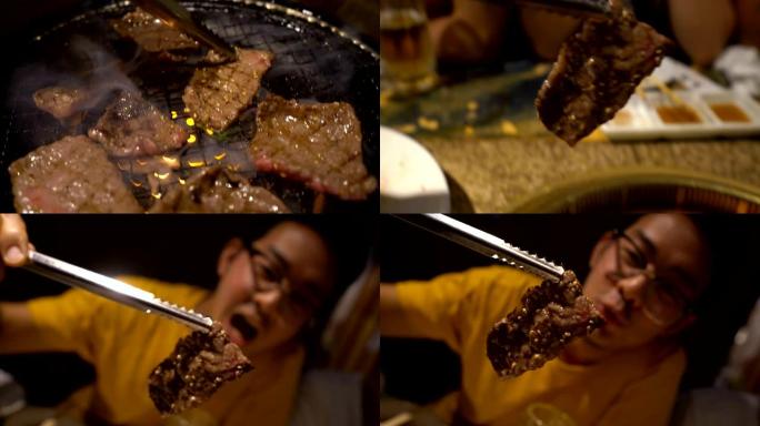 4k卡车射击日本烧烤架上的烹饪肉