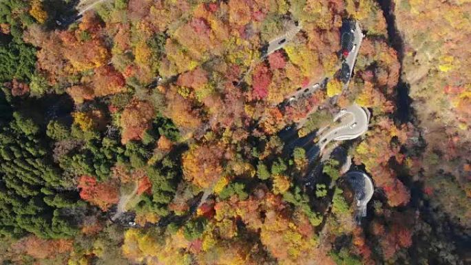 日本日光市秋季第一个Irohazaka蜿蜒道路被封锁的鸟瞰图。
