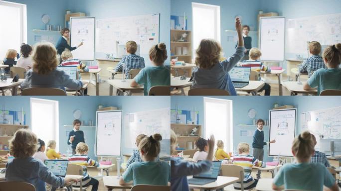 小学物理老师使用交互式数字白板向充满聪明多样的孩子的教室展示发电机是如何工作的。科学课，孩子举手回答