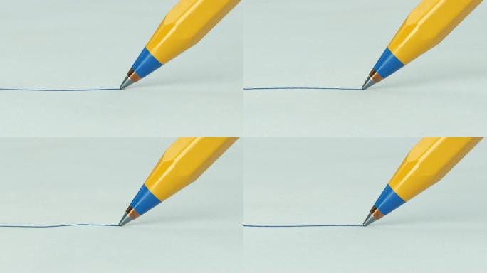 美丽的钢笔特写在清晰的纸张上绘制蓝线。循环3d动画。抽象的写作和绘画过程。商业和设计理念。
