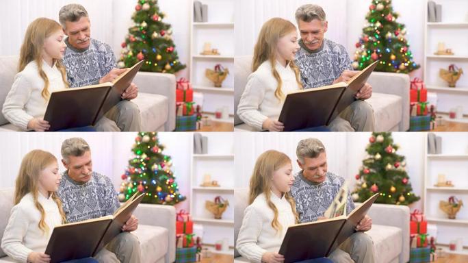 老人和一个女孩在圣诞树附近看相册