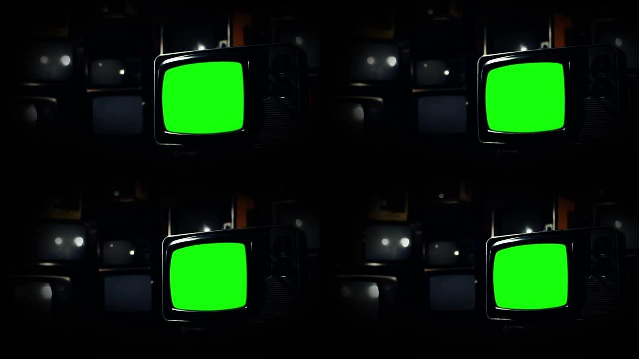 80年代绿屏电视。淘金热基调。缩小。