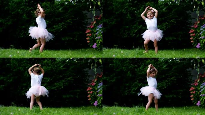 在一个阳光明媚的春天，一个小女孩打扮得像芭蕾舞演员一样，自己在花园里旋转，微笑着快乐