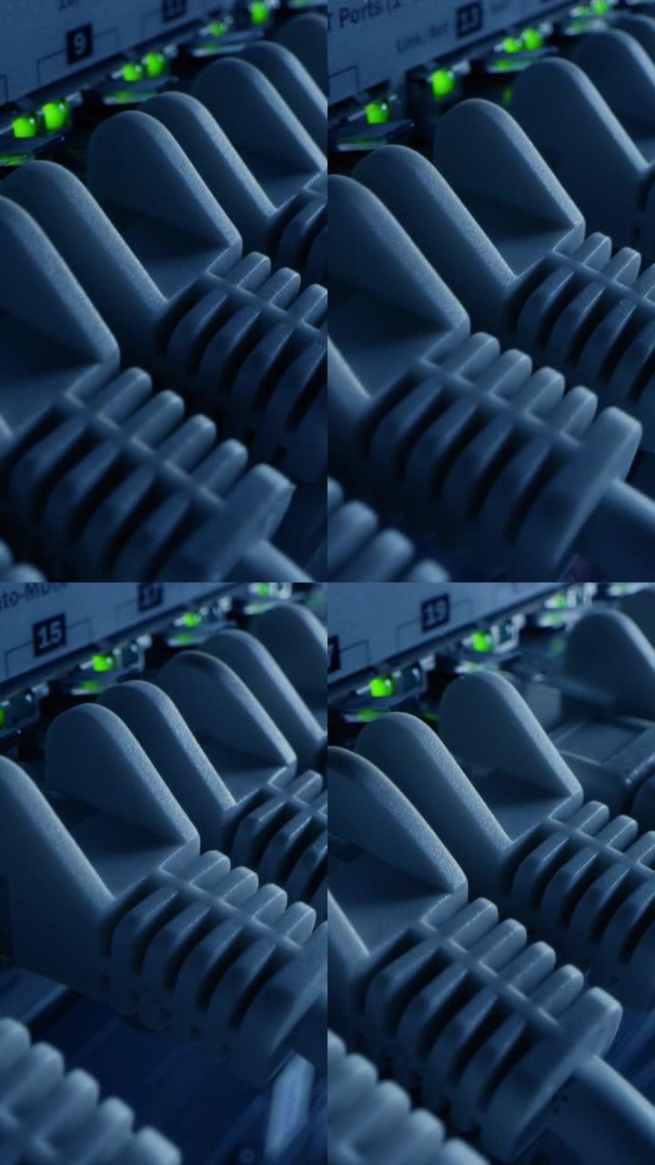宏拍摄: 以太网电缆连接到路由器端口，闪烁的灯。RJ45互联网连接器插入调制解调器局域网交换机。侧视