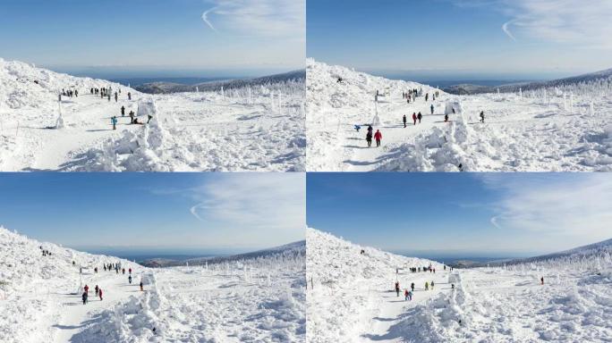 延时4K: 在日本东北地区山形的Zao，Zao sancho和Zao jizozon山顶行走的旅行者