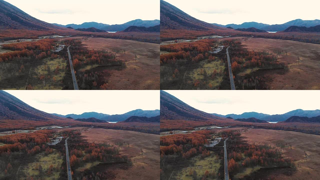 鸟瞰图，多莉在日本日光的秋天在Senjogahara沼泽地的风景路线前进。