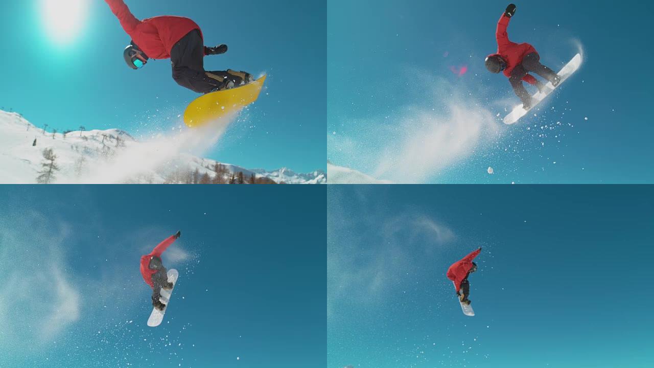 慢动作特写滑雪板跳跃和在冬季向天空喷洒雪