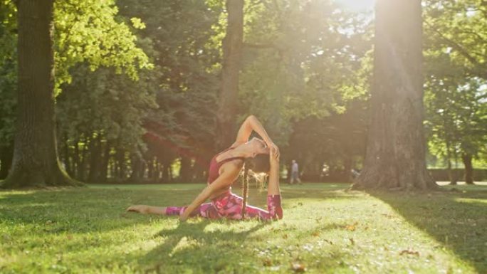 女士灵活的年轻女子在阳光明媚的公园练习瑜伽