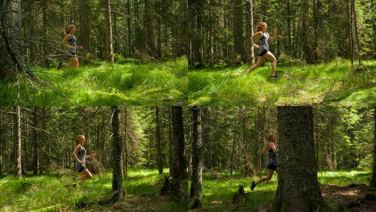 女子运动员在树林中冲刺