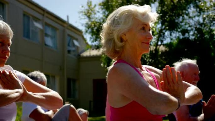在养老院4k花园中进行瑜伽的活跃混血老年人的侧视图
