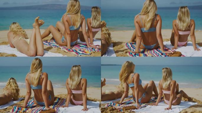 三个金发女郎晒黑海滩日光浴美女沙滩比基尼